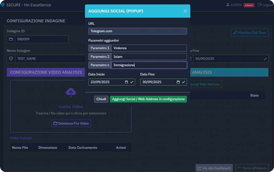 Schermata applicativo Configurazione delle Fonti di Monitoraggio