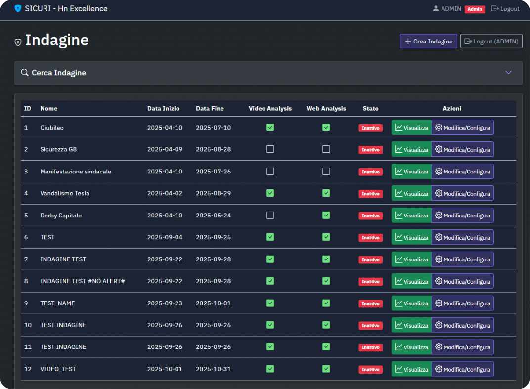 Schermata applicativo riguardo la gestione delle indagini